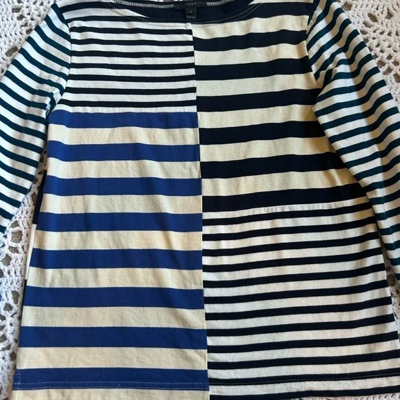 J. Crew Teal Royal Navy Cream Stripe Top Blouse Women Size S Modern Classic - Picture 3 of 7